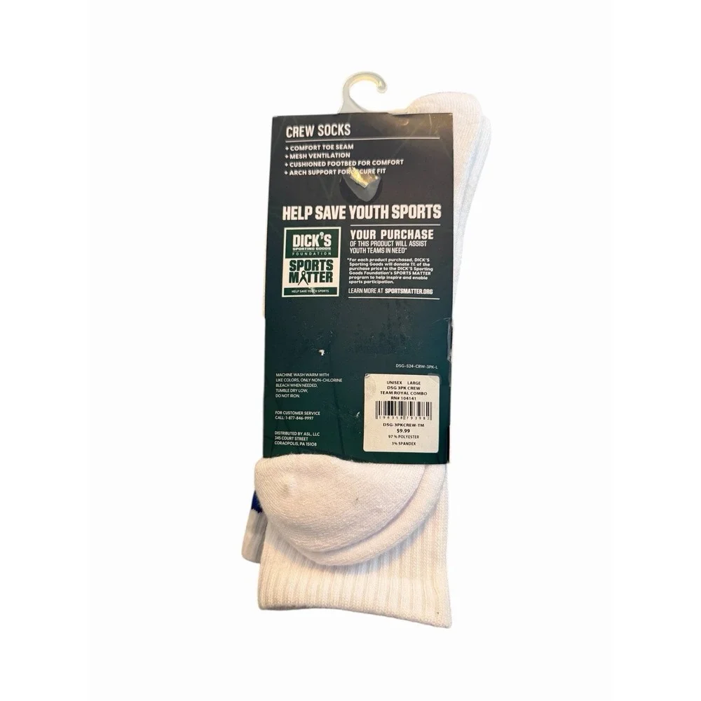 DSG Crew Socks 3 Pack White Blue Cushioned Arch‎ Support Unisex L 8-13 NWT